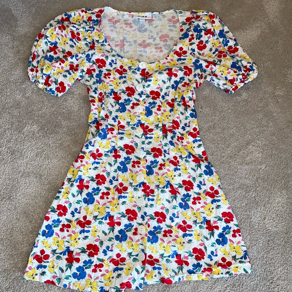 RIXO White Mini Dress with Red, Blue & Yellow Floral Print